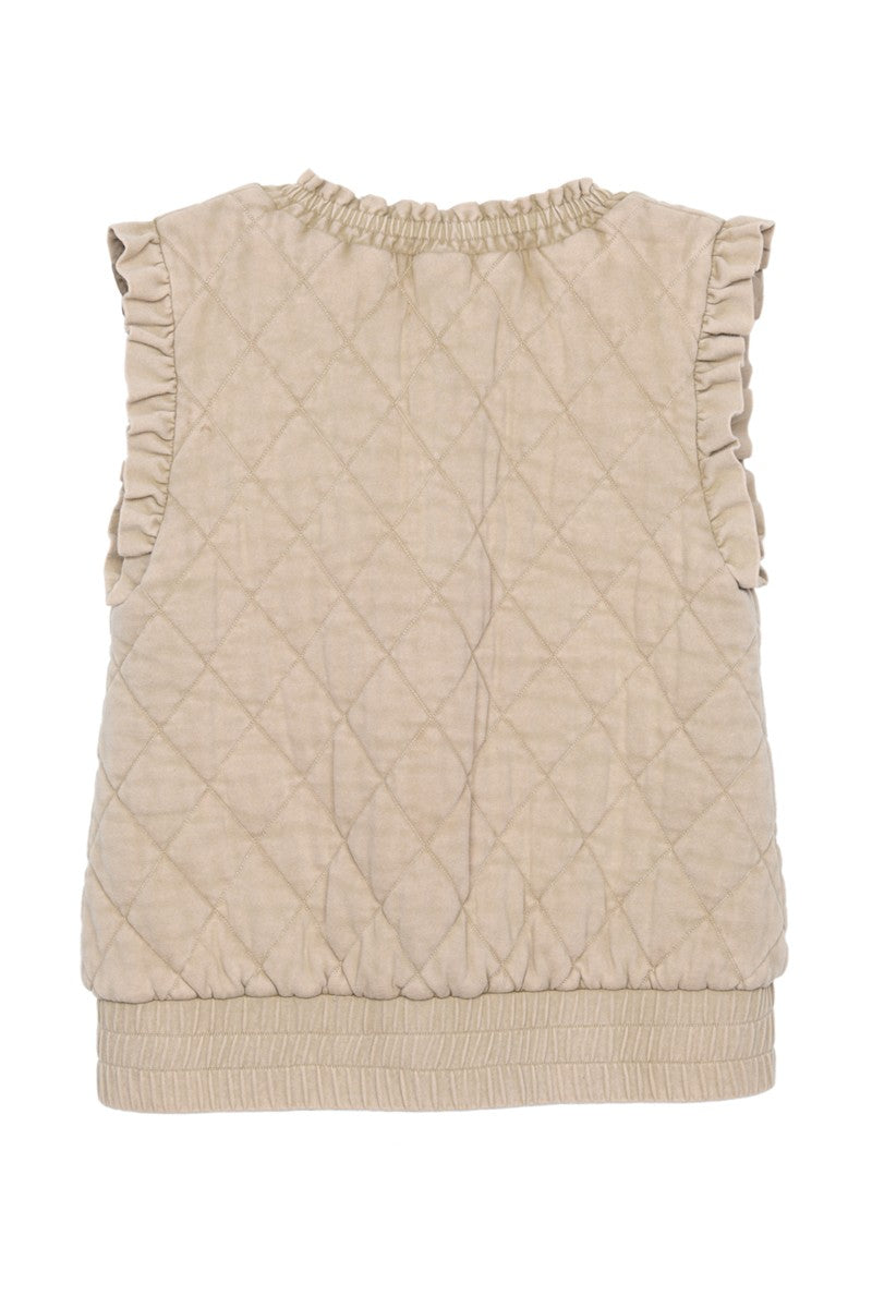 Beige Garment Washed Quilted Ruffle Sleeve Vests