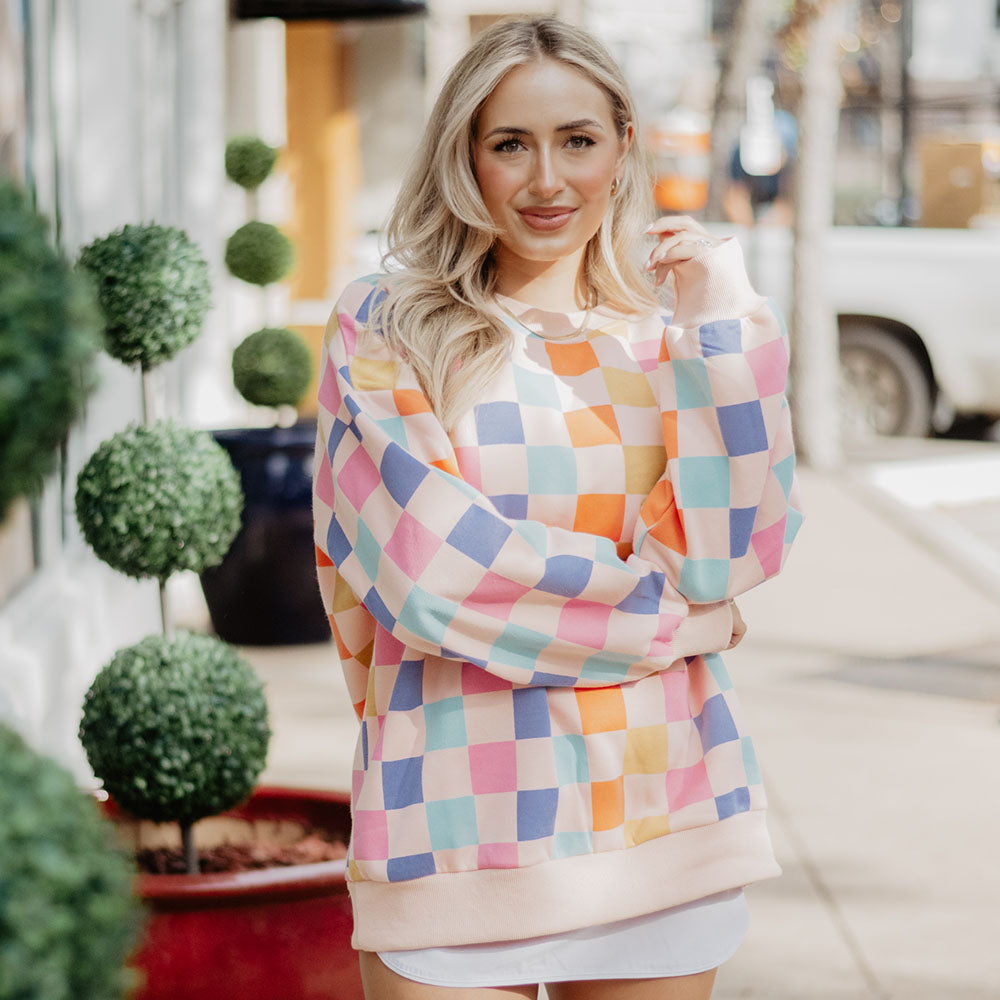 Retro Multicolored Checkered All Over Print Sweatshirt