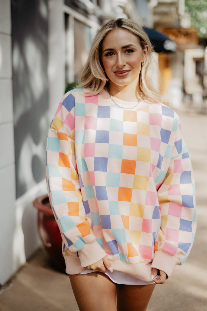 Retro Multicolored Checkered All Over Print Sweatshirt