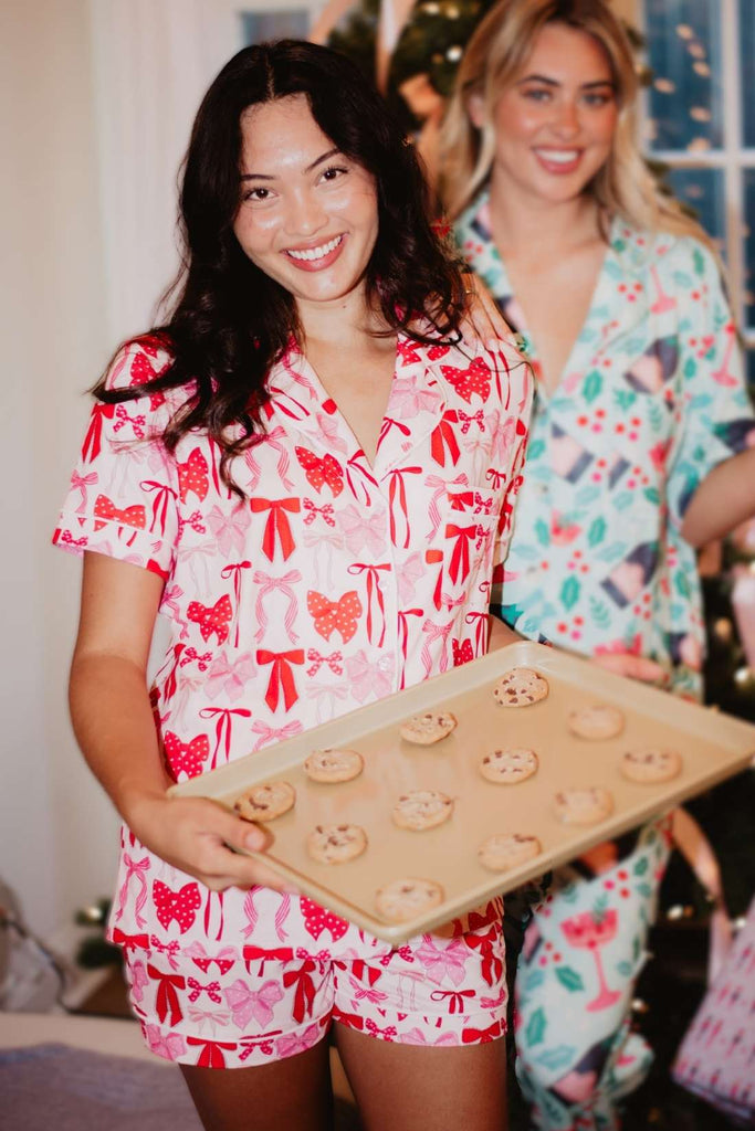 Pink & Red Coquette Bows PJ Shorts Set For Women