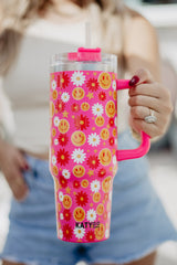 Red Flower Happy Face Tumbler Cup w/ Handle