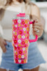 Red Flower Happy Face Tumbler Cup w/ Handle