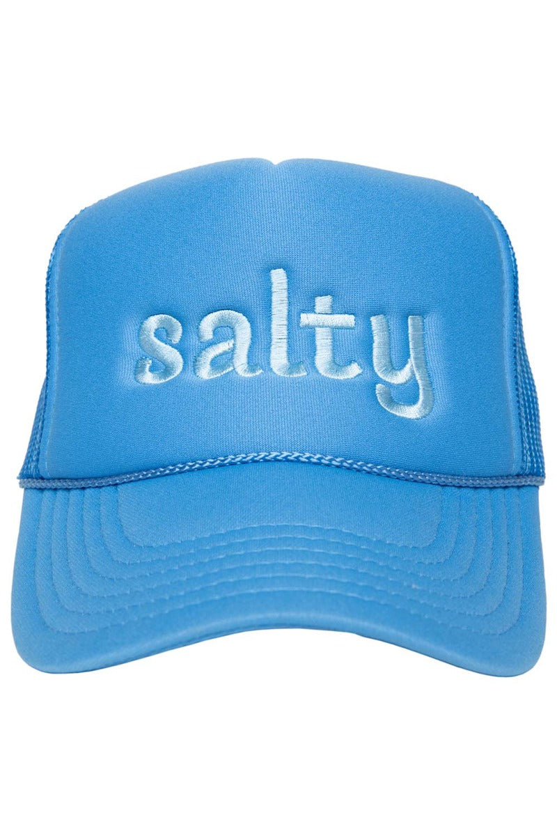The Katydid Salty Foam Trucker Cap is a bright blue hat featuring salty embroidered in white lowercase letters on the front panel. It’s a classic, stylish beach trucker cap perfect for sunny days.