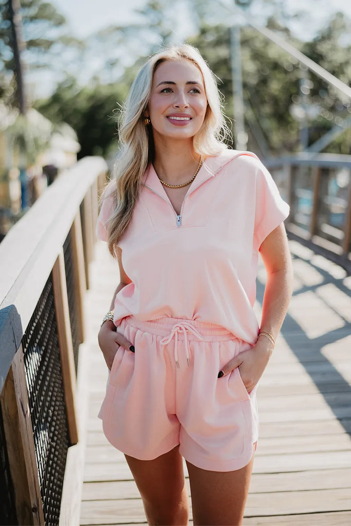 Peach Ladies Scuba Quarter Zip Top and Shorts - Katydid.com