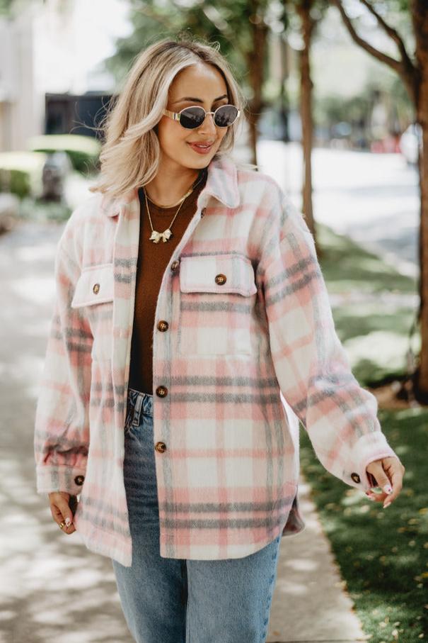 Pink/Gray Plaid Shacket for Women - Main Image