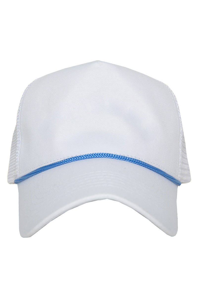 The Katydid White Blank Trucker Hat with Light Blue Rope features a classic rope hat style and curved brim, shown front-facing on a white background—perfect as a stylish summer accessory.