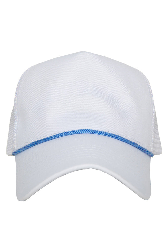 White Blank Trucker Hat with Light Blue Rope