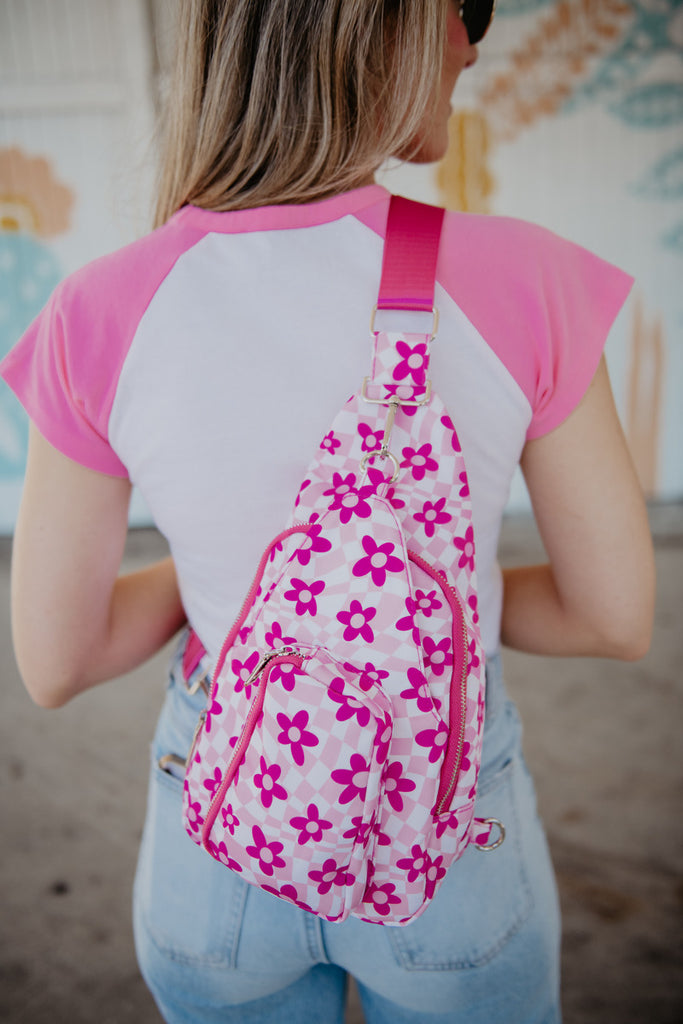 Pink Flower with Groovy Checkered Pattern Women's Sling Bag