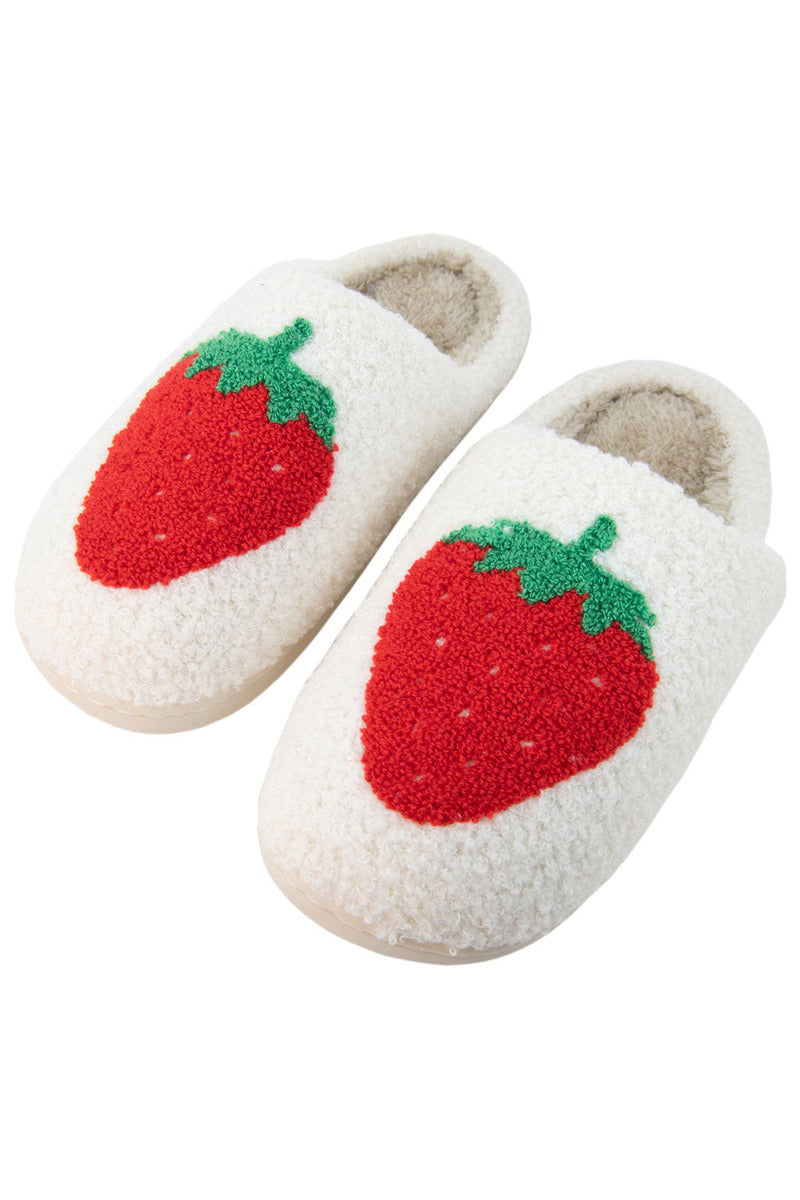The Katydid Large Strawberry Fuzzy Slippers for Women feature fluffy white material and bold red strawberry designs with green leaves, offering playful comfort and cozy style for those who love fun slippers.