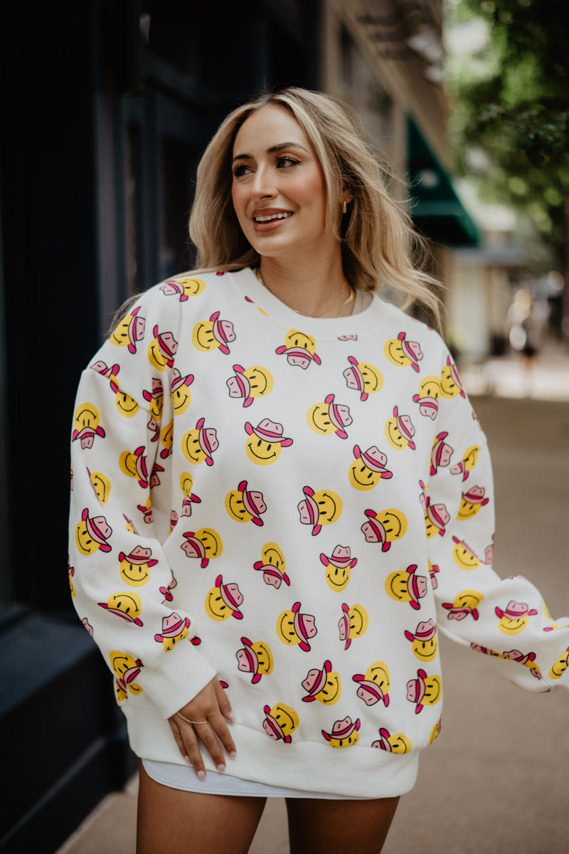 Cowboy Happy Face All Over Print Sweatshirt for Women