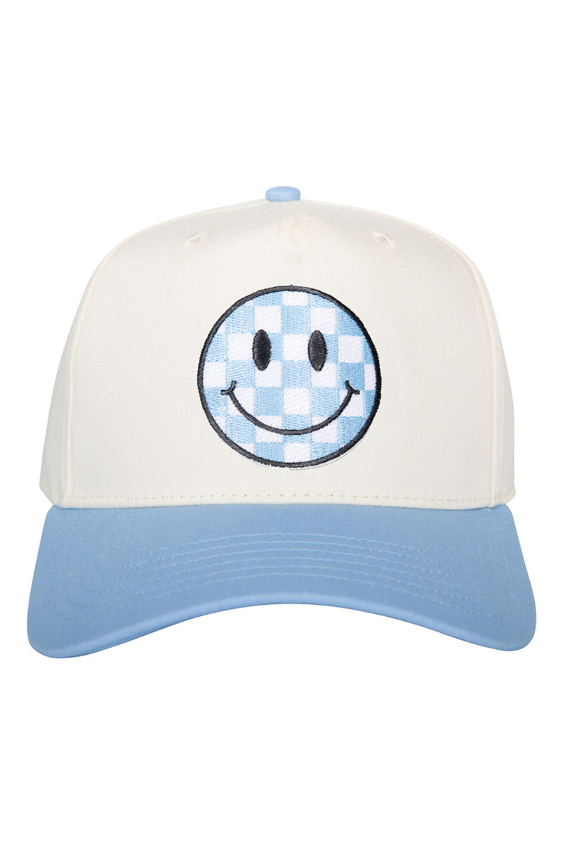 Light Blue Checkered Happy Face Vintage Hat - Main Image