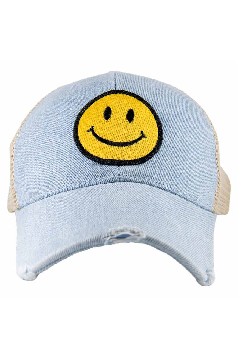 Yellow Happy Face Denim Trucker Hat - Katydid.com