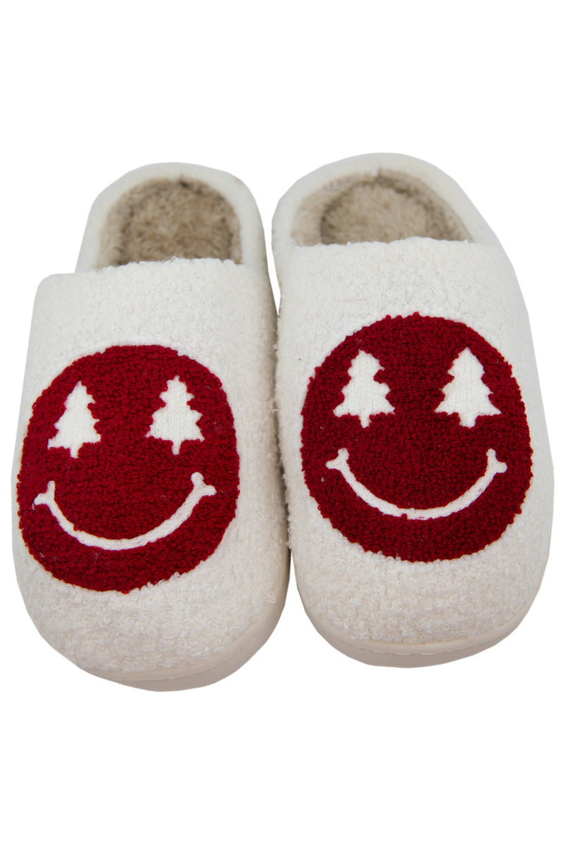 Red Christmas Tree Eyes Happy Face House Slippers - Katydid.com