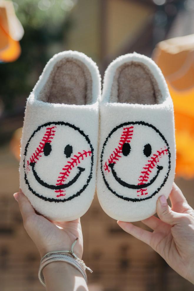 Baseball Using Slippers Baseball Happy Face Slippers | Cozy Baseball Mom Slippers | Katydid