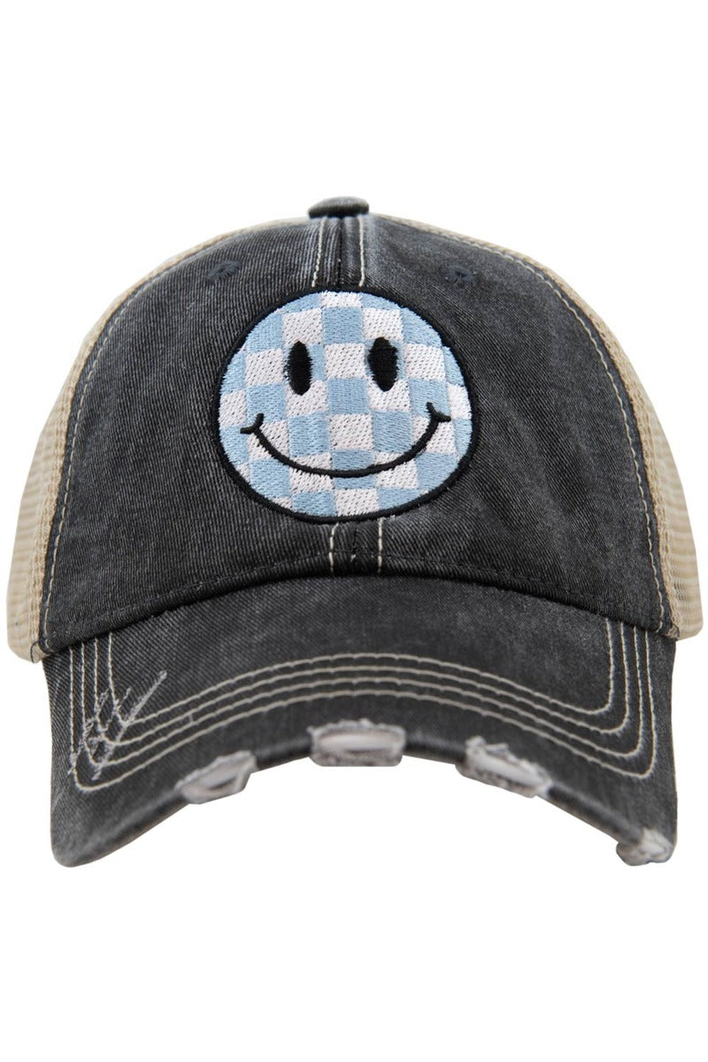 Light Blue Checkered Happy Face Trucker Hat - Katydid.com