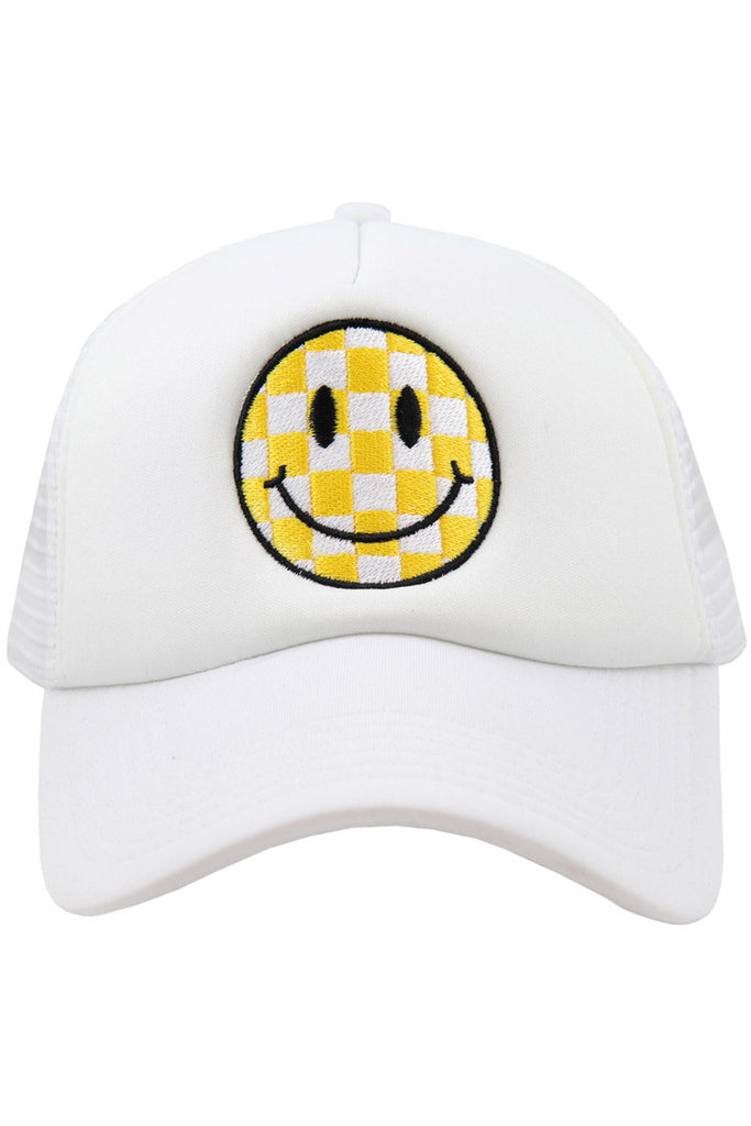 Yellow Checkered Happy Face Foam Trucker Hat