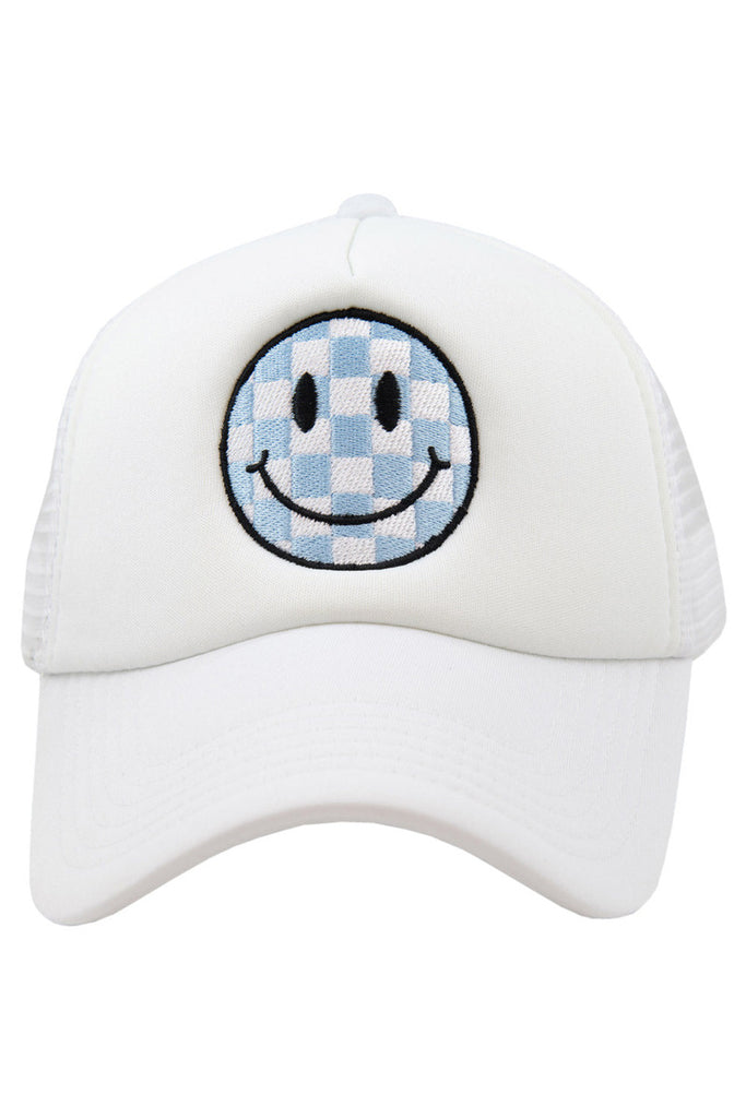 Light Blue Checkered Happy Face Foam Trucker Hat