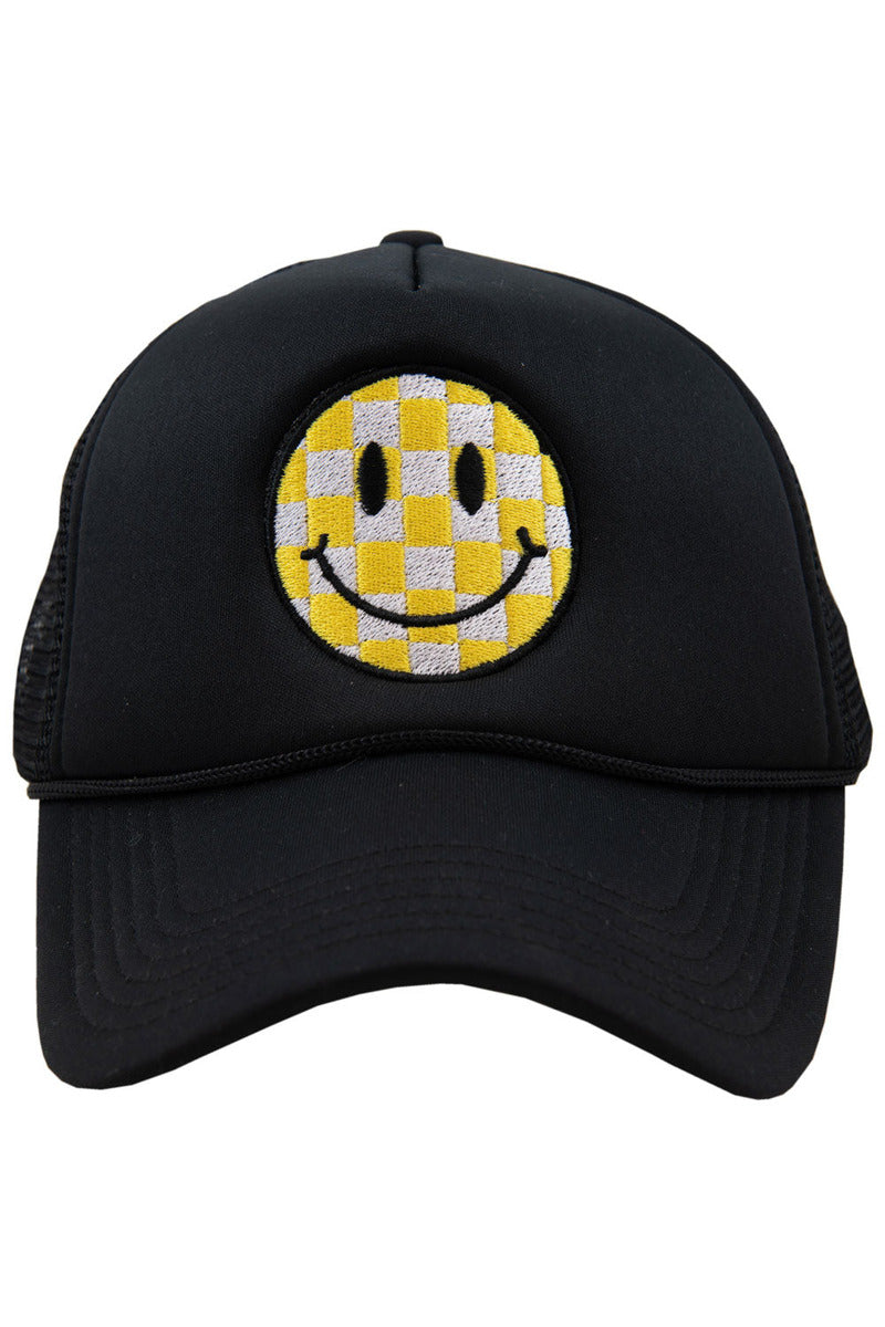 Yellow Checkered Happy Face Foam Trucker Hat - Katydid.com