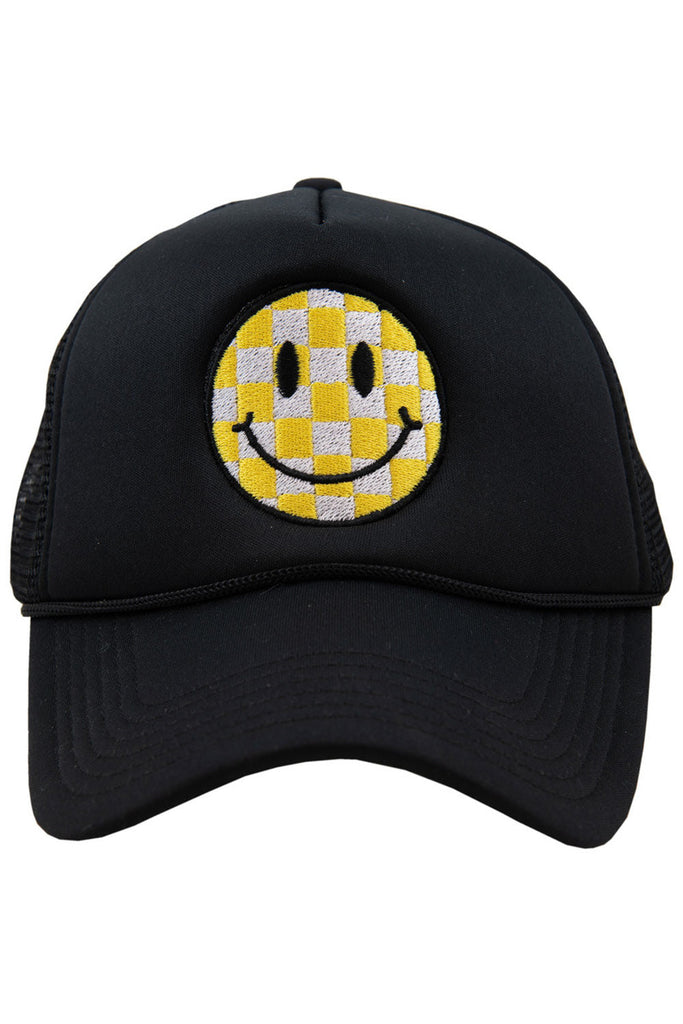 Yellow Checkered Happy Face Foam Trucker Hat