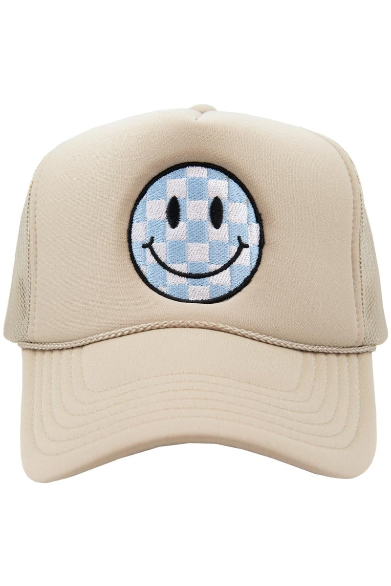 Light Blue Checkered Happy Face Foam Trucker Hat - Katydid.com