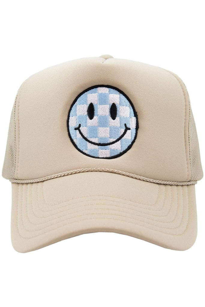 Light Blue Checkered Happy Face Foam Trucker Hat