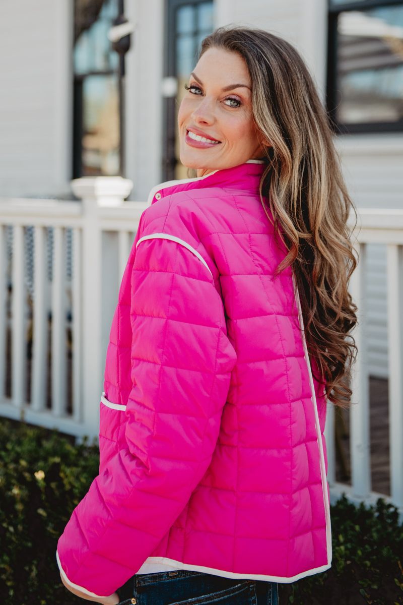 Hot Pink Quilted Trim Jacket | Lightweight Women's Jacket | Katydid Hot Pink / L Hot Pink Quilted Trim Jacket | Lightweight Women's Jacket | Katydid Hot Pink / L
