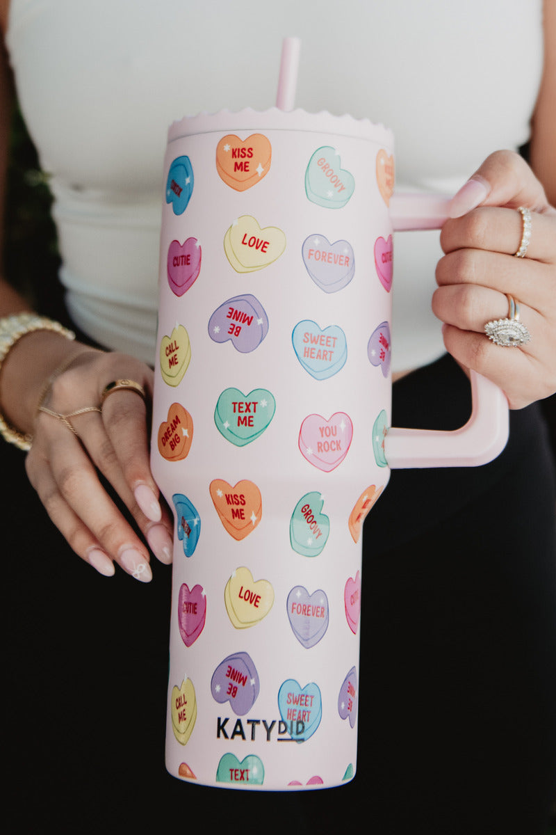 アメリカ購入 キャンディハーツ　水筒 ピンク ハート candy hearts Candy Heart Valentine's Tumbler with Handle | Katydid