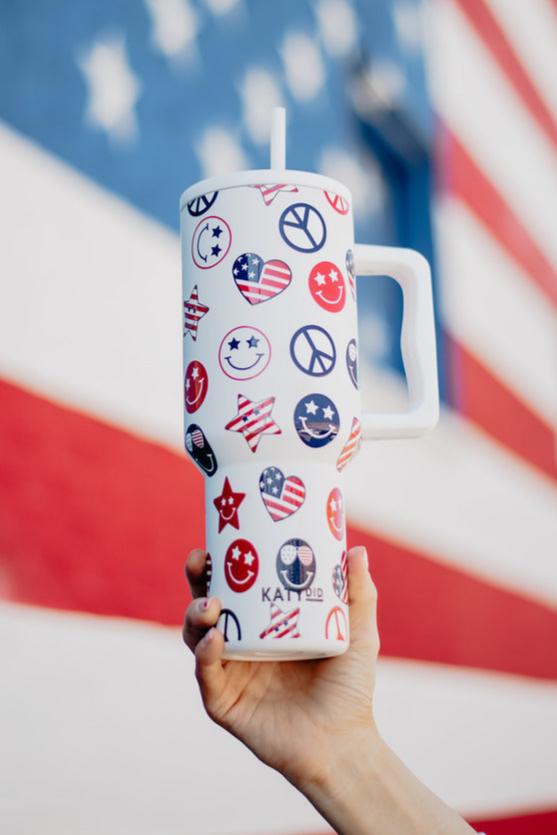 American Happy Face 38 Oz Tumbler Cup w/ Handle