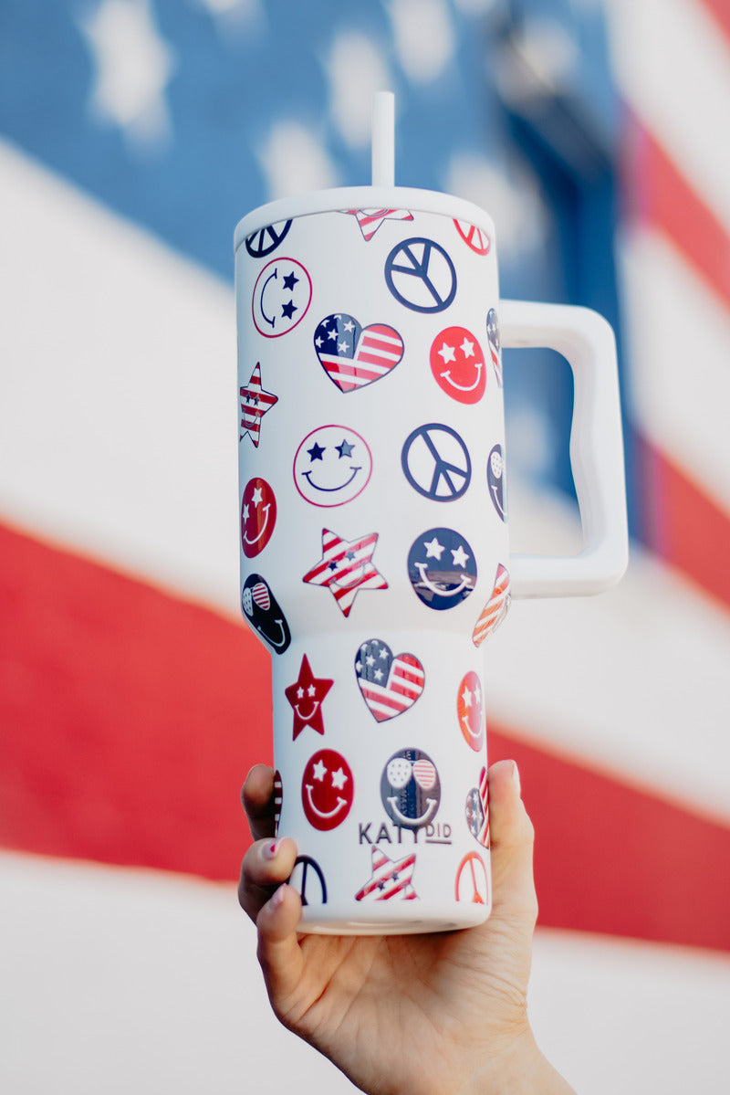 American Happy Face 38 Oz Tumbler Cup w/ Handle