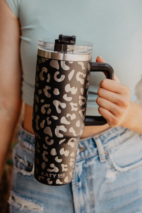 Black METALLIC Leopard Tumbler Cup with Handle