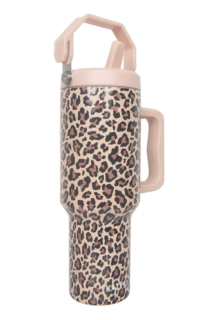 Brown Leopard Stainless Steel Tumbler with Lid Handle
