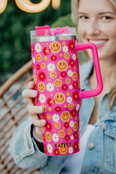 Red Flower Happy Face Tumbler Cup w/ Handle