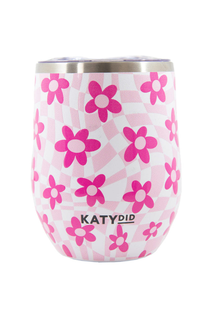 Pink Flower w/ Groovy Checkered WINE TUMBLER Cup