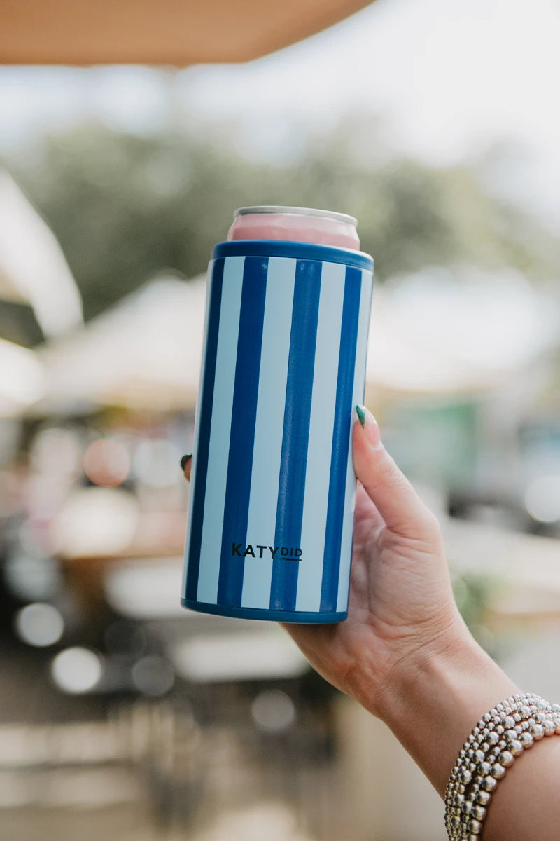 Light Blue and Navy Striped Tall Can Cooler - Katydid.com