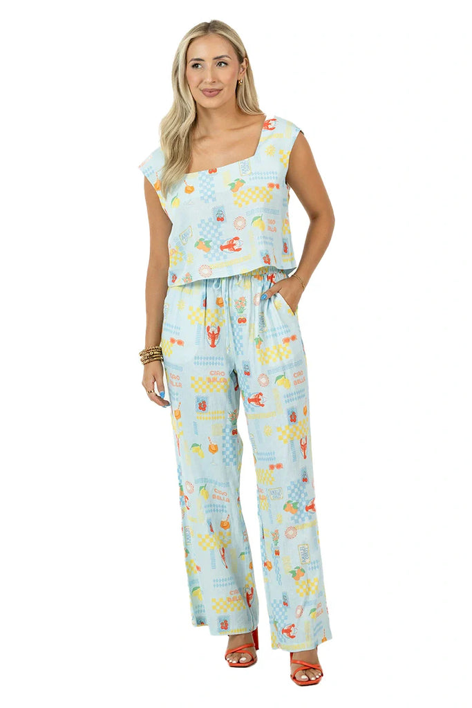 Italian Summer Blue Linen Matching Top And Pants Set - Katydid.com