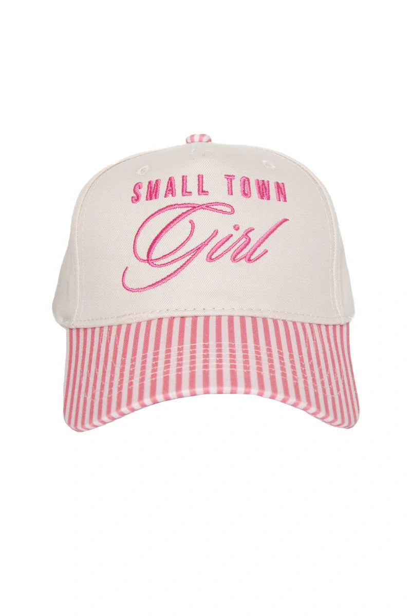 The Katydid Small Town Girl Vintage Trucker Hat for Women boasts a white crown, pink and white striped brim, and SMALL TOWN Girl embroidered in pink—perfect for a cute country look.