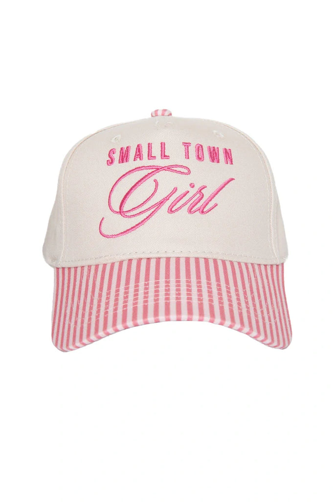 The Katydid Small Town Girl Vintage Trucker Hat for Women boasts a white crown, pink and white striped brim, and SMALL TOWN Girl embroidered in pink—perfect for a cute country look.