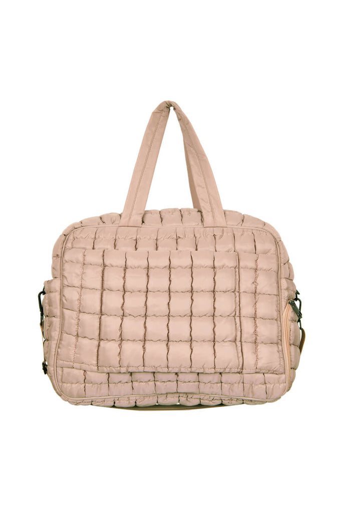 Tan Quilted Duffel Weekender Bag w/ Pass-Thru Slip