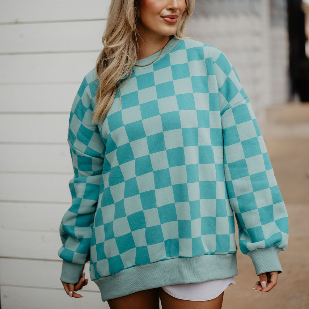 Teal Checkered Printed All Over Sweatshirt