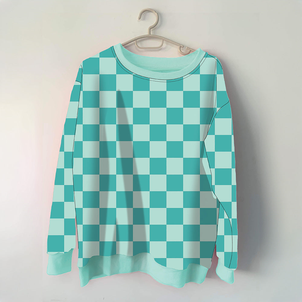 Teal Checkered Printed All Over Sweatshirt