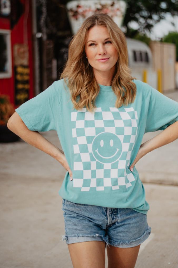 Checkered Pattern Happy Face T-Shirt