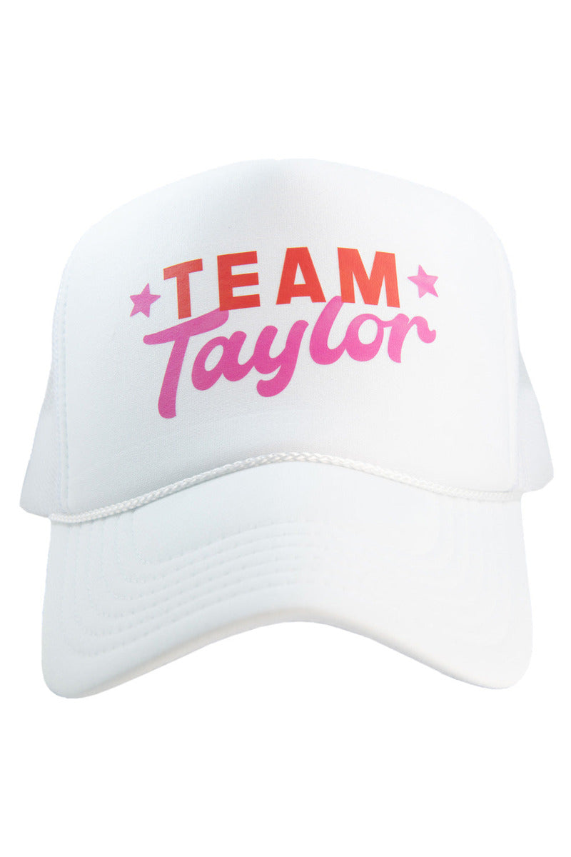 Show your Swiftie pride with the Katydid Team Taylor Decal Foam Trucker Hat—white with bold red and pink “TEAM Taylor” lettering and pink stars, perfect merch for fans.