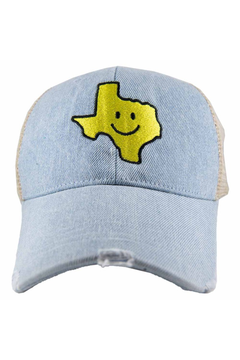 Texas Shaped Happy Face Denim Trucker Hat - Katydid.com