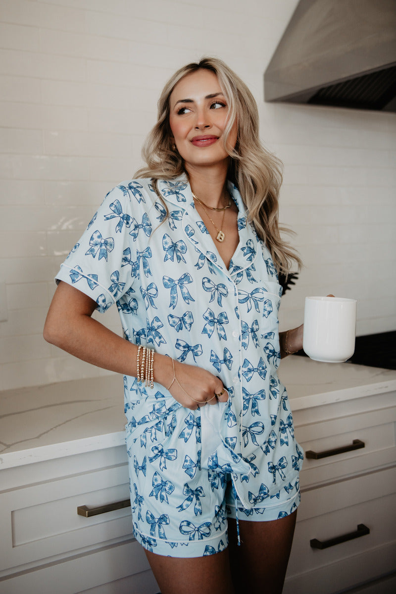 Light Blue Toile Coquette Bows Lounge PJ Set