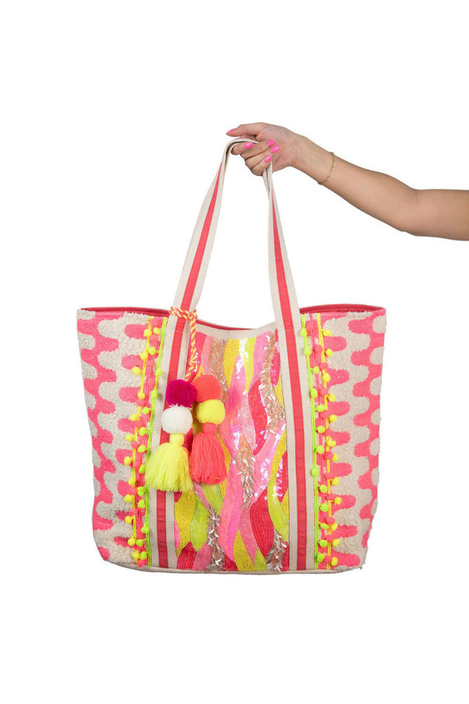 Pink/Yellow/Champagne Sequin & Beaded Canvas Tote Bag