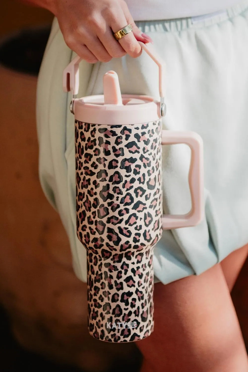 Brown Leopard Stainless Steel Tumbler with Lid Handle