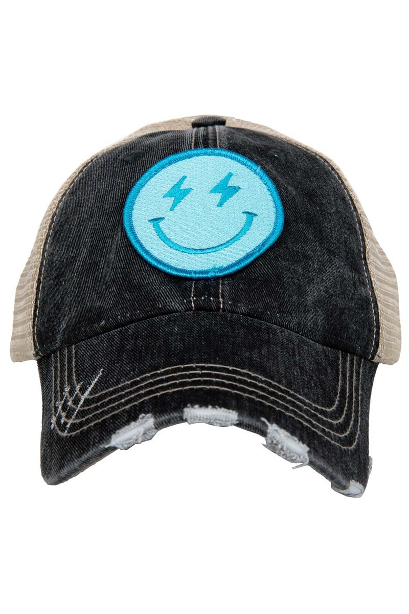 Turquoise Lightning Happy Face (Black/Tan) Trucker Hat - Katydid.com