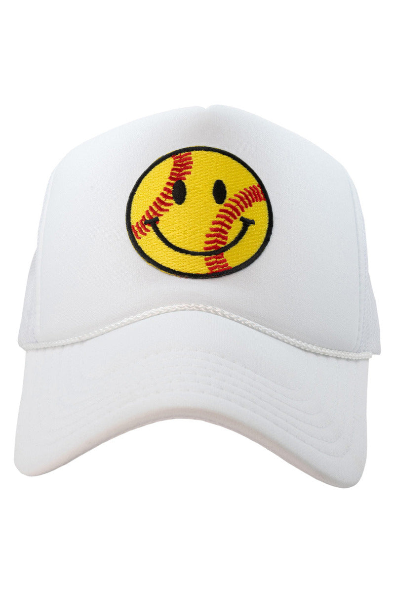 The Katydid Softball Happy Face Patch Foam Trucker Hat features a yellow smiley face with red softball-style stitching on white, making it a fun choice for fans seeking a unique softball-themed hat.