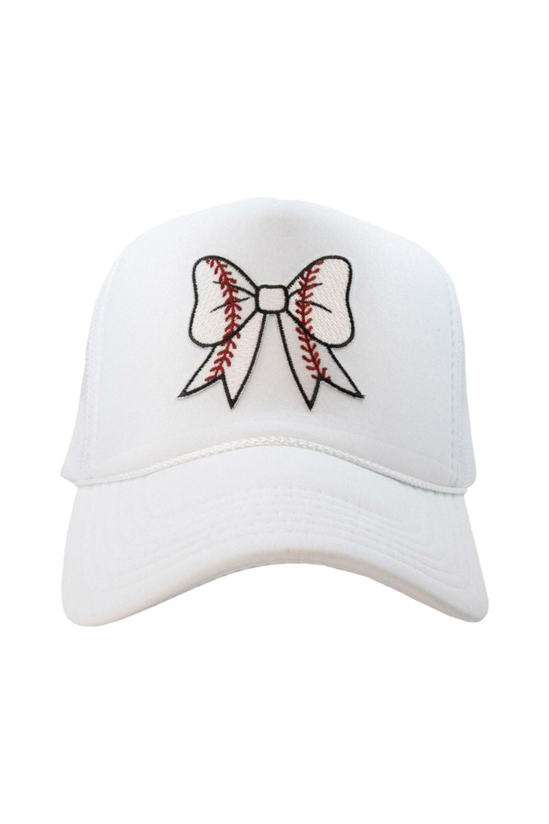 Show your style at the next big game with the Katydid Baseball Bow Coquette Patch Foam Trucker Hat, featuring a white design and an embroidered bow with red baseball seam stitching from our Game Day collection.