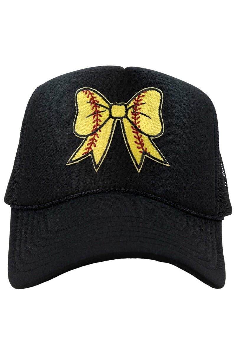 The Katydid Softball Bow Coquette Patch Foam Trucker Womens Hat features a yellow bow patch and red softball-inspired stitching—combining sporty style with a playful, coquette vibe.